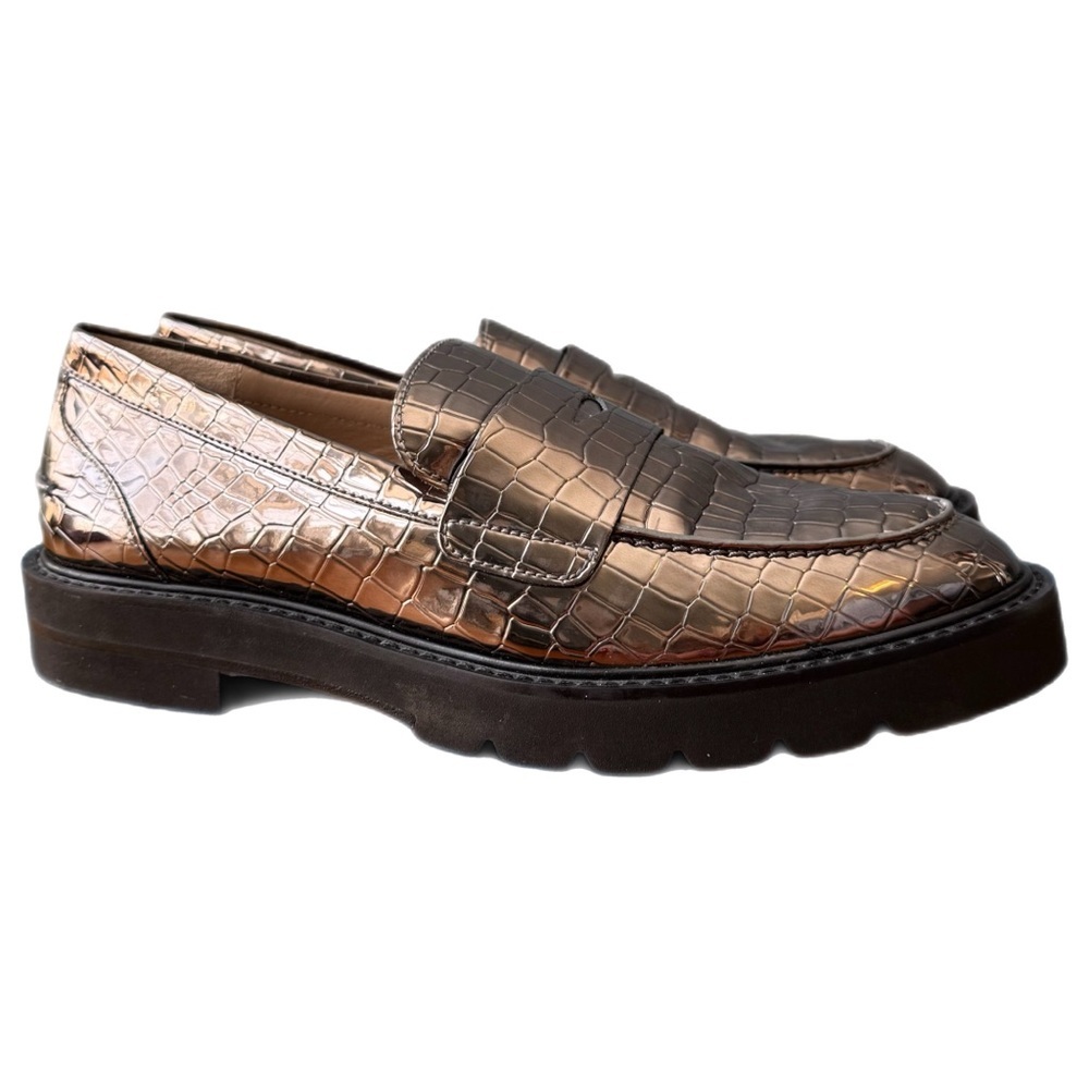 Stuart Weitzman Metallic Croc Embossed Parker Lift Penny Loafers Size 9.5 NWOB